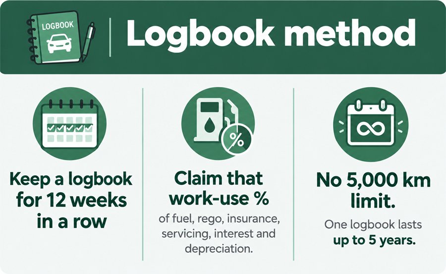 Logbook method: keep a logbook for 12 weeks in a row. Claim that work-use % of fuel, rego, insurance, servicing, interest and depreciation. No 5,000 km limit. One logbook lasts up to 5 years.