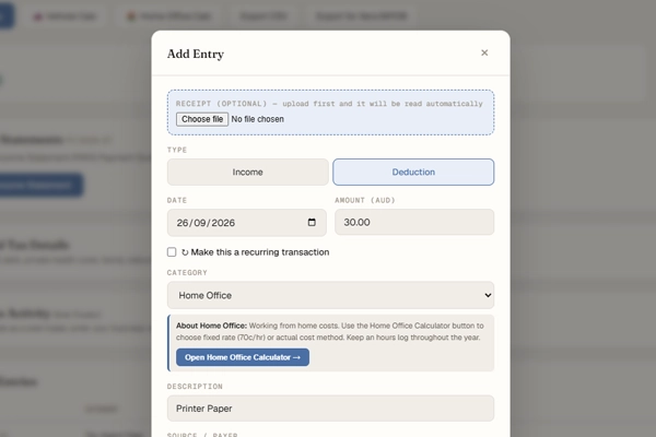 Adding a $45 work expense in Lodgya: amount, date and an ATO-style category picked from a list
