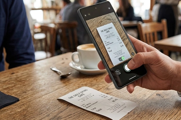 A phone camera snapping a paper receipt, which attaches to the matching Lodgya entry